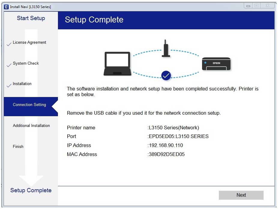 proses penghubungan printer ke jaringan wifi dengan ip otomatis. berhasil