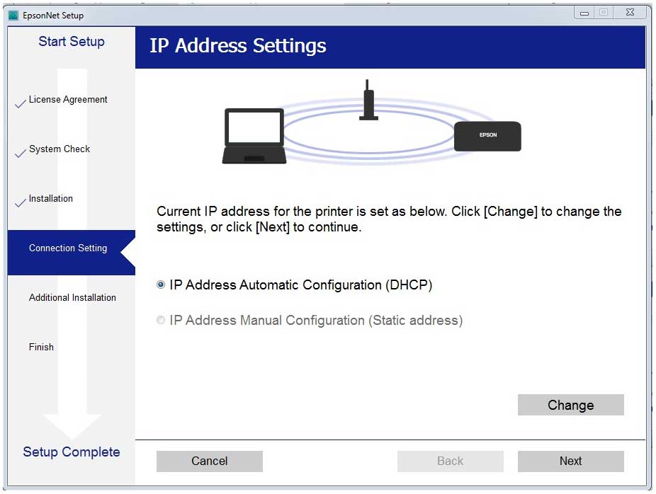 proses penghubungan printer ke jaringan wifi dengan ip otomatis