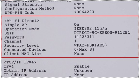 contoh hasil perintah cetak informasi wifi direct printer epson